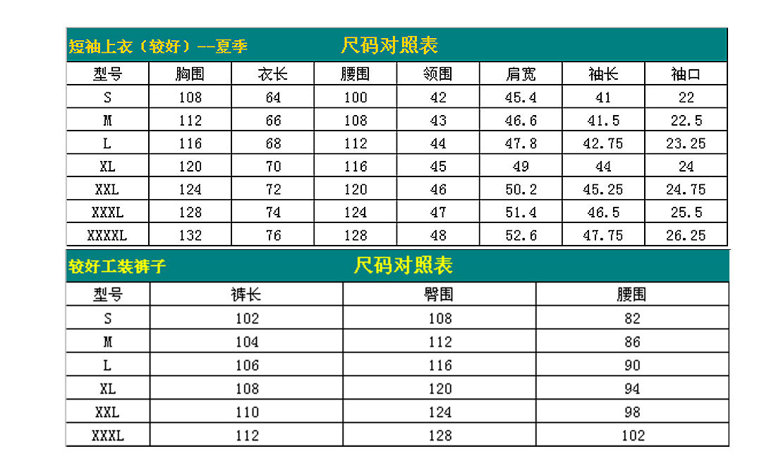 短袖工作服AD116-DX尺寸图